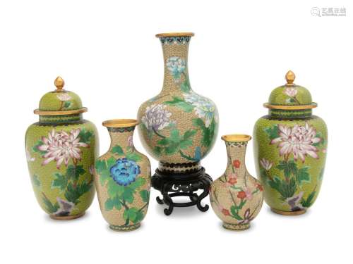 Five Chinese Green Ground Cloisonné Enamel Vases