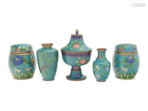 Five Chinese Turquoise Ground Cloisonné Enamel Articles