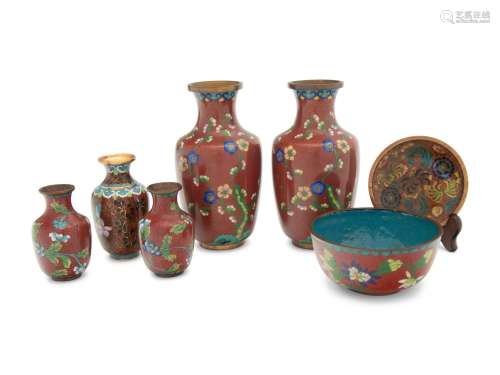 Seven Chinese Red Ground Cloisonné Enamel Articles