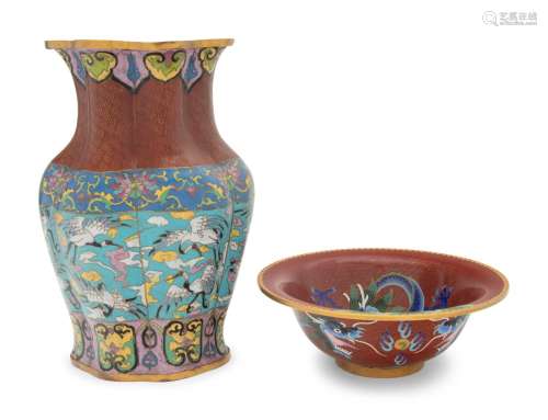 Two Chinese Red Ground Cloisonné Enamel Vessels