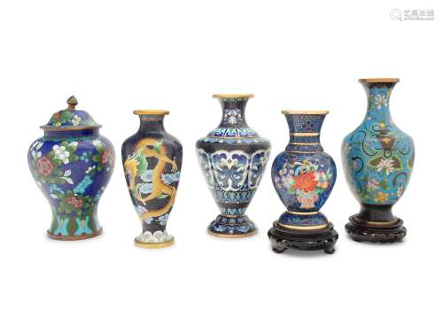 Five Chinese Blue Ground Cloisonné Enamel Vases