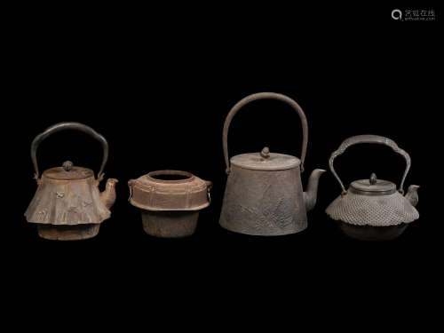 Three Japanese Cast Iron Teapots, Tetsubin and One Burner