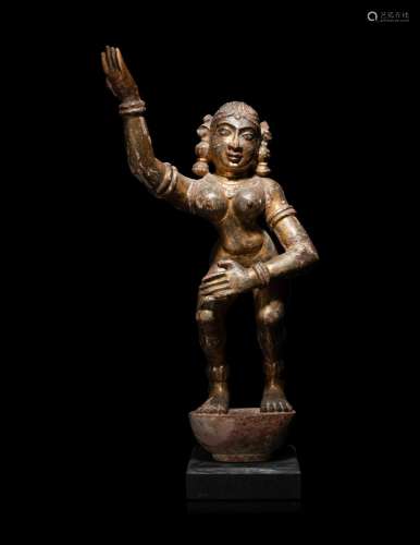 An Indian Gilt Highlighted Carved Wood Dancing Figure