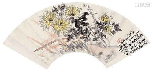 蒲华 1952年作 秋菊图 设色纸本 镜框