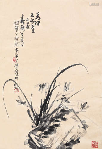 卢坤峰 1979年作 兰石  设色纸本 镜片