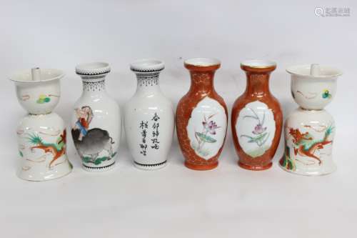 Four Chinese Glazed Porcelain Vases and Two Candle