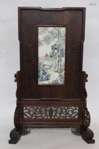 Chinese Wood Table Screen w Bone Inlaid