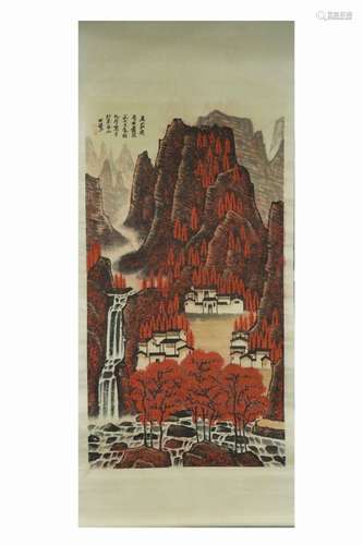 Chinese Ink Color Scroll Painting w Calligraphy