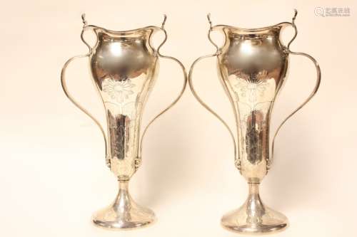 Pair of Fine Tiffany&Co SSilver Vases w Two Handle