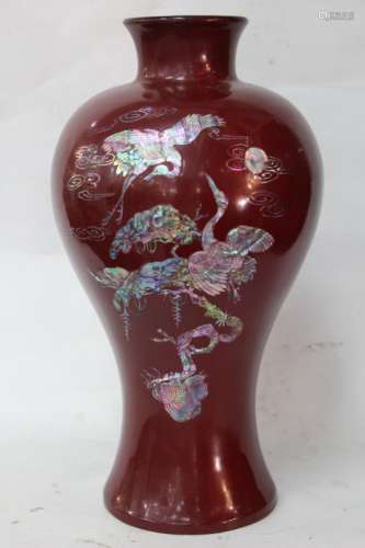 Chinese Lacquer Vase w Mother Pearl Inlaid