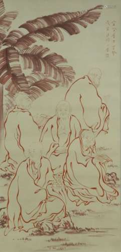 Chinese Ink Color Scroll Painting, Luohan