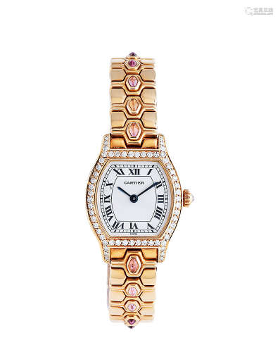 卡地亞 Cartier 18K金鑲鑽石粉鑽石英女裝腕錶