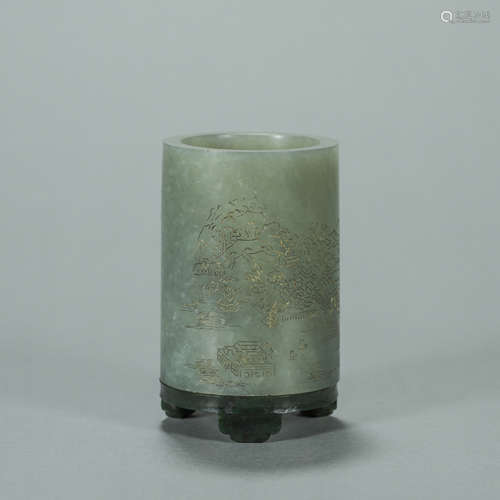 An inscribed landscape Hetian jade brush pot