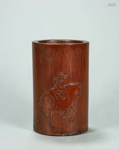 A figure and cattle carved bamboo brush pot