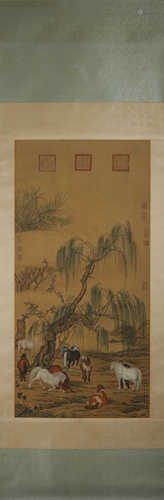 A Chinese horse silk scroll painting, Lang Shining mark