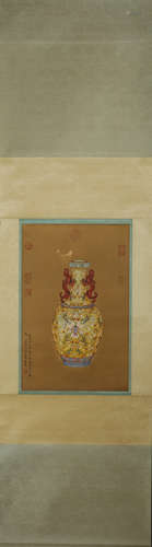 A Chinese silk scroll painting, Lang Shining mark