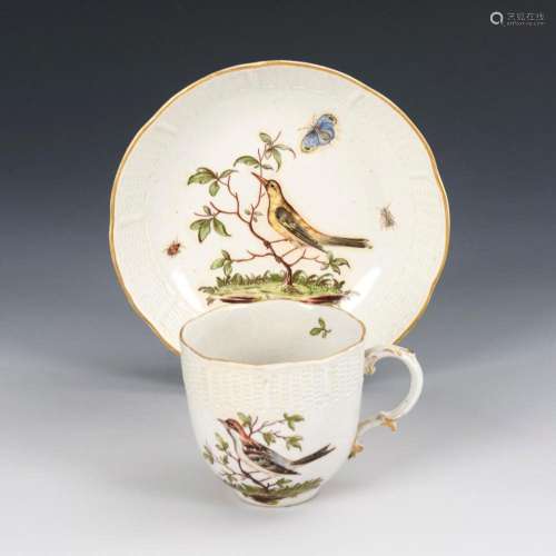 CUP AND SAUCER WITH BIRD PAINTING. LUDWIGSBURG.