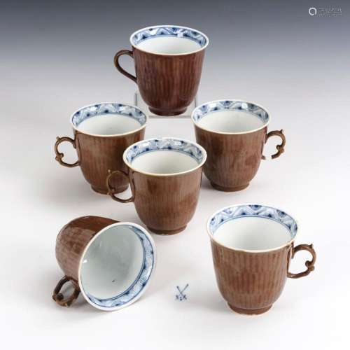 6 BAROQUE CUPS WITH BROWN BACKGROUND. MEISSEN.