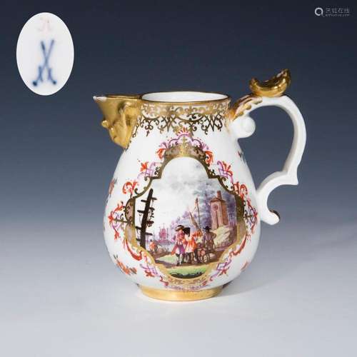 BAROQUE MILK JUG WITH PURCHASE JOURNEY SCENES. MEISSEN.