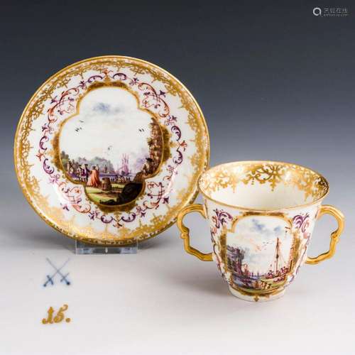 BAROQUE CUP WITH PURCHASE JOURNEY PAINTING. MEISSEN.