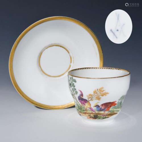 BAROQUE CUP WITH BIRD PAINTING, SAUCER. MEISSEN.