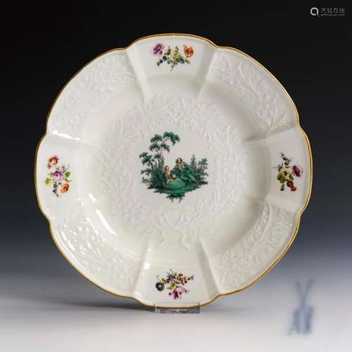 PLATE WITH COPPER-GREEN WATTEAU PAINTING. MEISSEN.