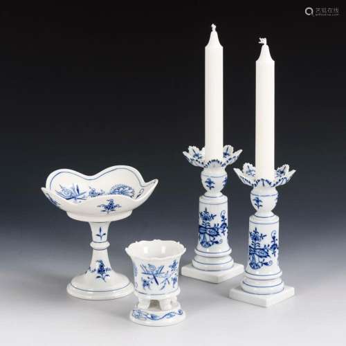 PAIR OF CANDLESTICKS WITH DRIP PLATES, VASE AND FOOT BOWL. M...