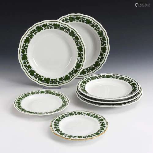 7 DIFFERENT PLATES WITH VINE LEAVES DECOR. MEISSEN.