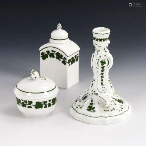TEA CADDY, SUGAR BOWL AND 1 CANDLESTICK WITH VINE LEAVES DEC...