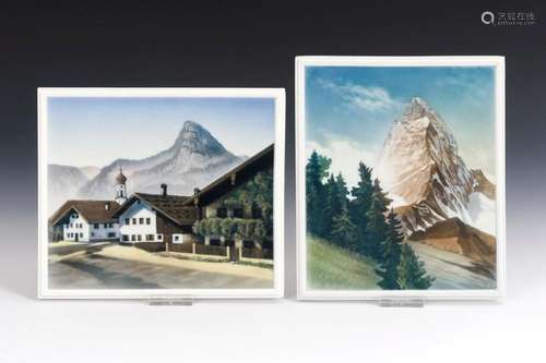 2 PORCELAIN PLAQUES: MATTERHORN AND VILLAGE VIEW. ROSENTHAL.