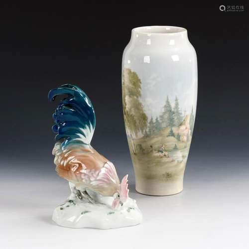 ART NOUVEAU VASE AND ROOSTER. ENS.