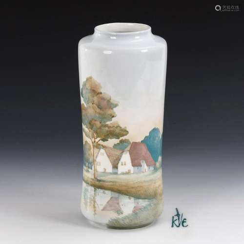 ART NOUVEAU VASE WITH LANDSCAPE PAINTING. ENS.