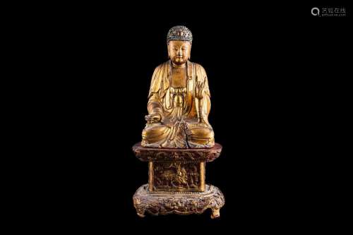 Statuette de bouddha en bois laqué, assis, faisant le geste ...