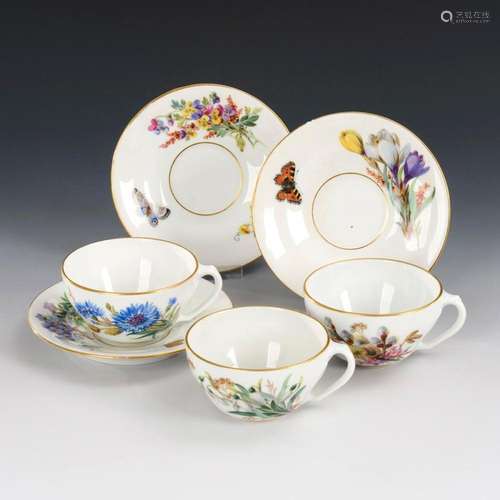 3 ART NOUVEAU CUPS WITH FLORAL AND INSECT PAINTING. MEISSEN.