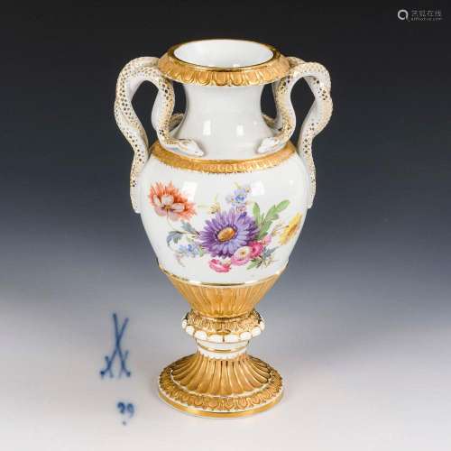 SNAKE HANDLE VASE WITH FLORAL PAINTING. MEISSEN.