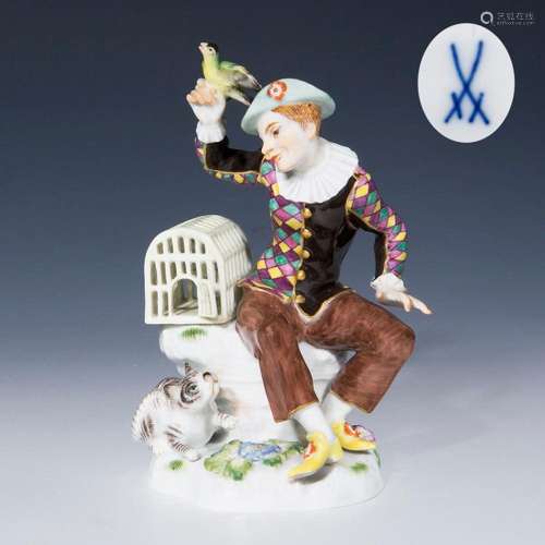 HARLEQUIN WITH BIRD AND CAT. MEISSEN.