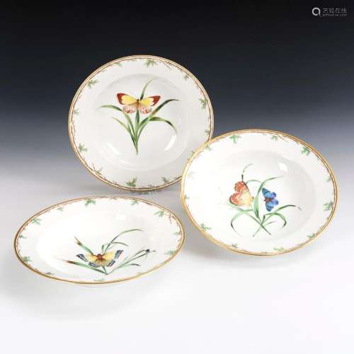 3 PLATES WITH BUTTERFLY PAINTING. ROYAL COPENHAGEN.