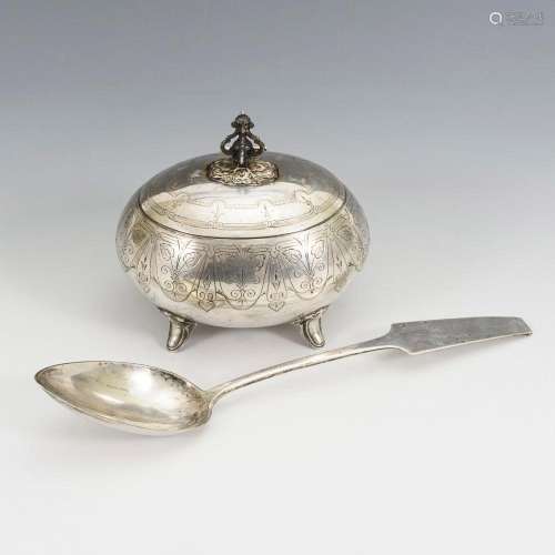 SILVER SUGAR BOWL AND SERVING SPOON.