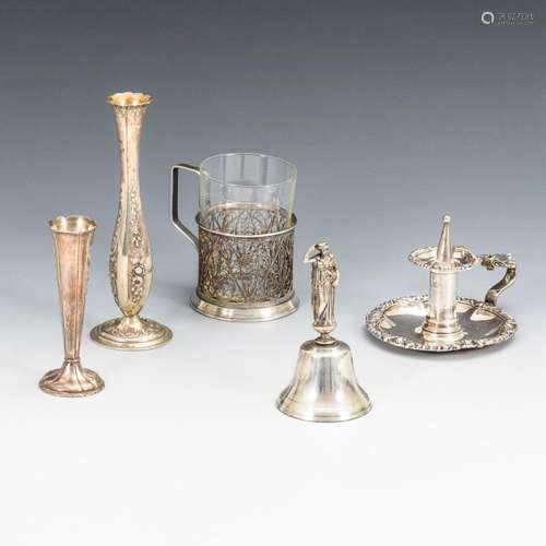 SILVER VASE, TEA GLASS HOLDER AND 3 SMALL PIECES SILVER PLAT...