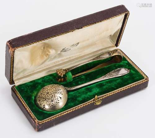 SILVER SKIMMER AND SUGAR TONGS IN ORIGINAL BOX. V. BOIVIN, P...