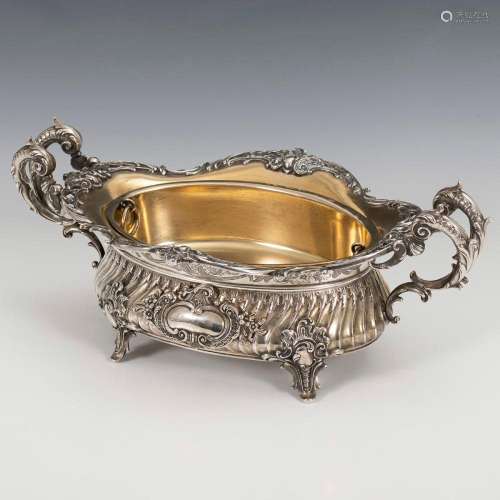 SILVER PLATED JARDINIERE WITH REMOVABLE INSERT.