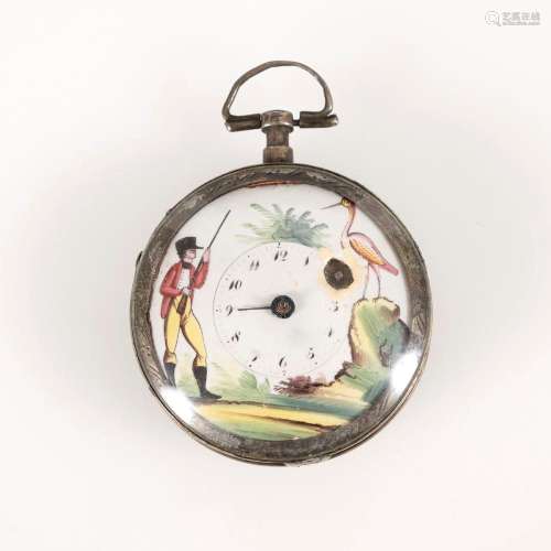 SILVER BIEDERMEIER SPINDLE CLOCK WITH A HUNTER HUNTING BIRDS...