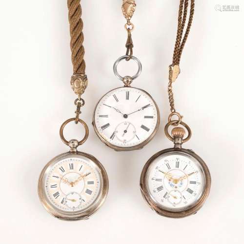3 SILVER POCKET WATCHES WITH BRAIDED HAIR WATCH CHAINS.