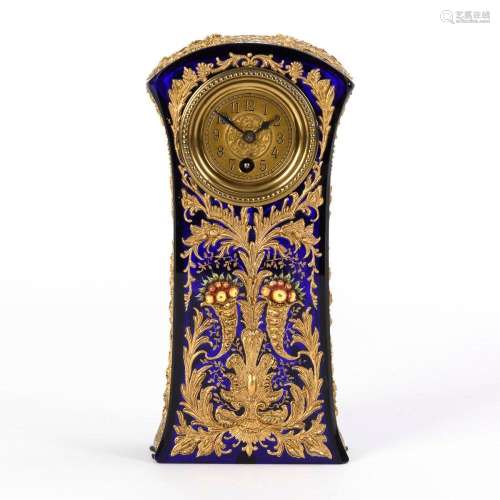 DESK CLOCK WITH VERY ELABORATELY DECORATED GLASS BODY.