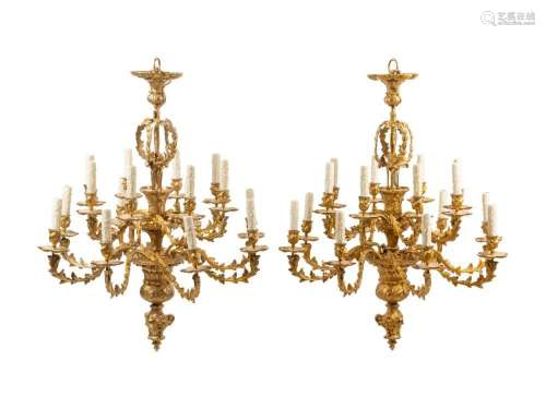 A Pair of Louis XV Style Gilt Bronze Sixteen-Light Chandelie...