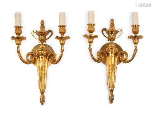A Pair of Louis XVI Style Gilt Metal Two-Light Sconces