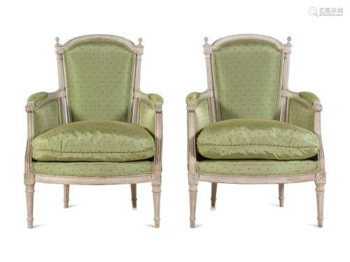 A Pair of Louis XVI Style Painted Bergeres