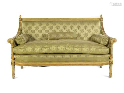 A Louis XVI Style Painted and Parcel Gilt Settee