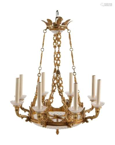 An Empire Style Gilt Bronze and Cut Glass Eight-Light Chande...