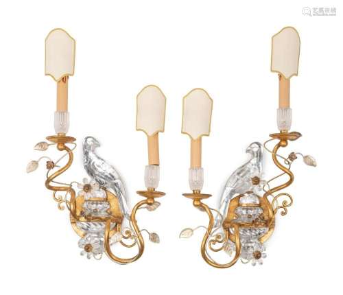 A Pair of Gilt Metal and Glass Two-Light Sconces in the Styl...